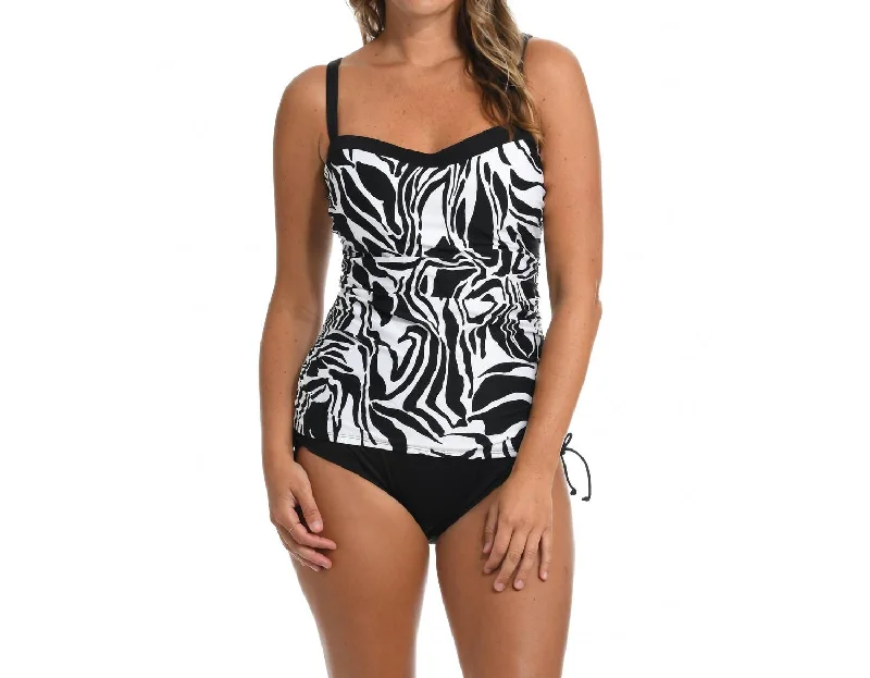 Abstract Zebra Shirred Tankini Top In Black/white