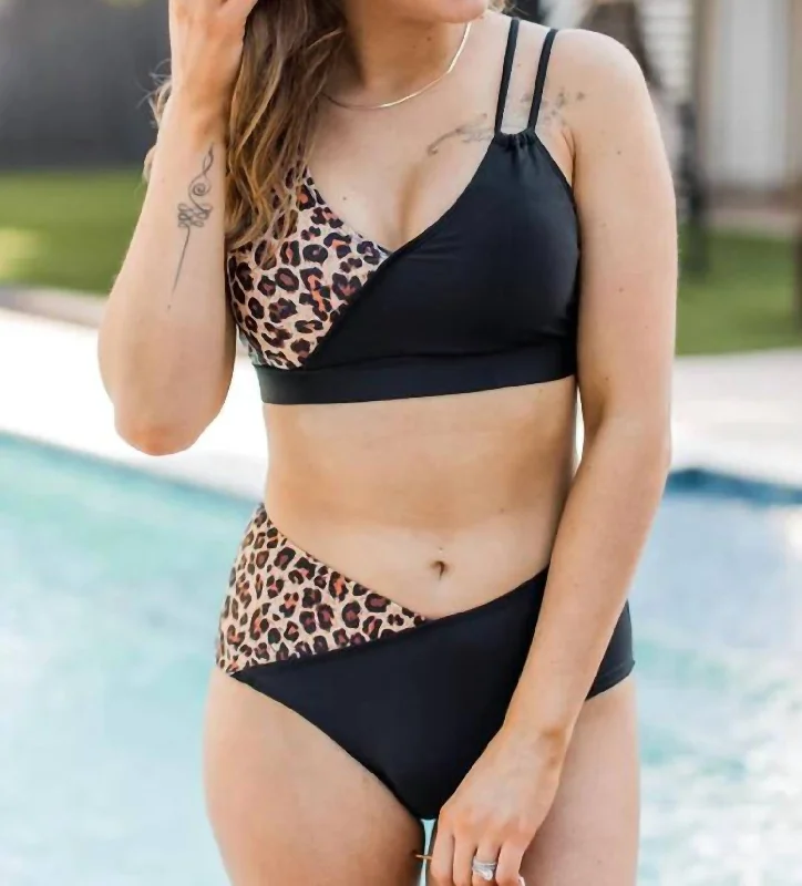 Capture The Coast Swim Top In Black & Natural Leopard