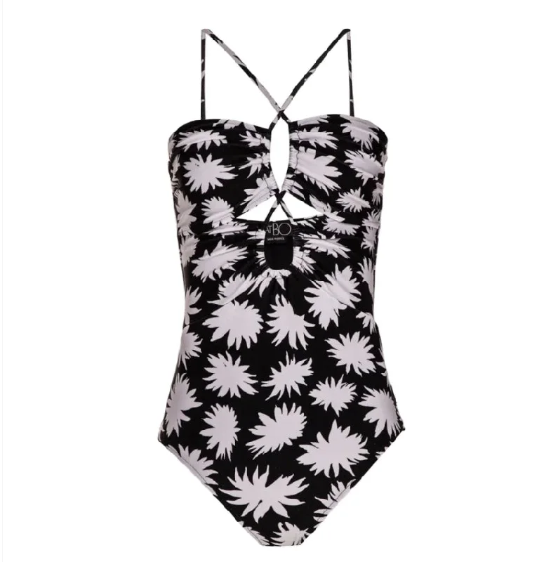 Patbo Women Black White Floral Dahlia Lace Up One-Piece Swimsuit