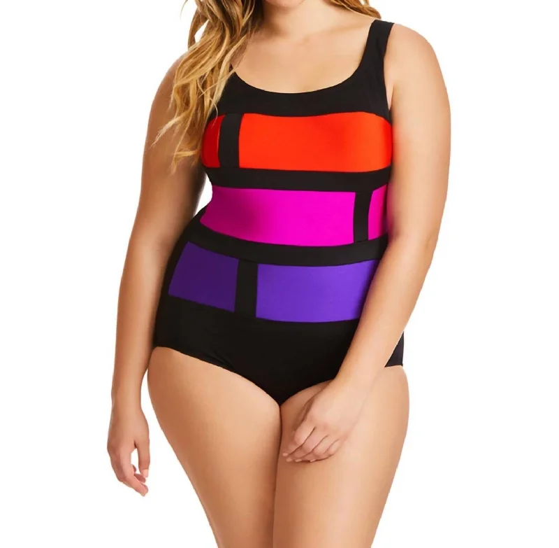 Color Block One Piece Swimsuit In Stained Glass Purple