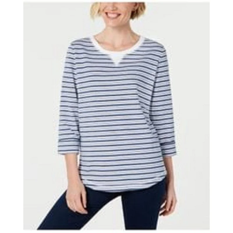 Karen Scott Women's Petite Striped 3/4-Sleeve Sweatshirt Blue Size Medium