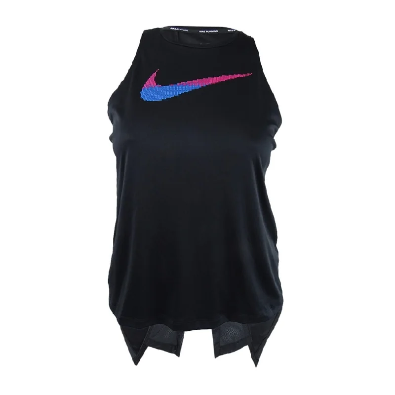 Nike Women's Dri-FIT Printed-Logo Racerback Running Tank Top (XS, Black)